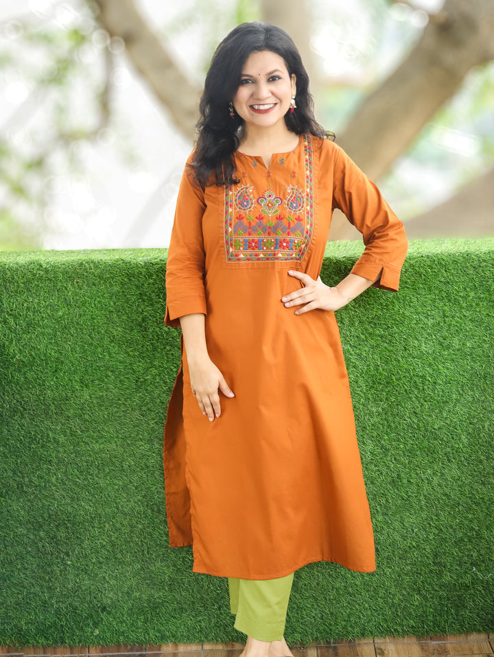 Hayat Rust Orange Emroidered Work Cotton Kurti