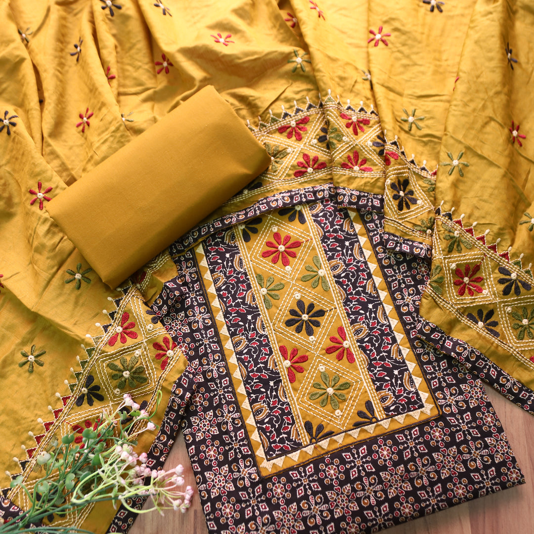Naina Oil Black Embroidered Neck Yoke with Ajrak Print Cotton Set