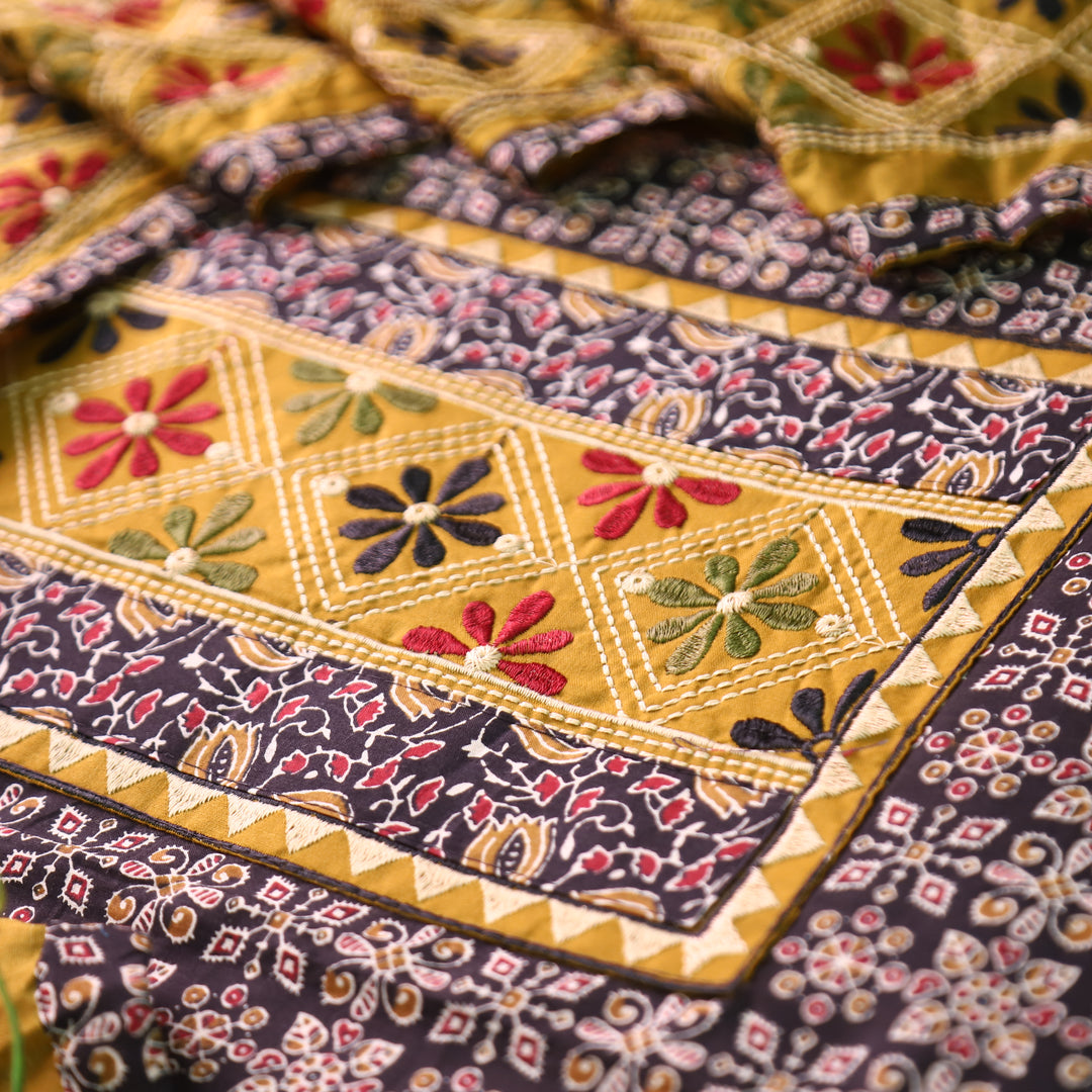 Naina Oil Black Embroidered Neck Yoke with Ajrak Print Cotton Set