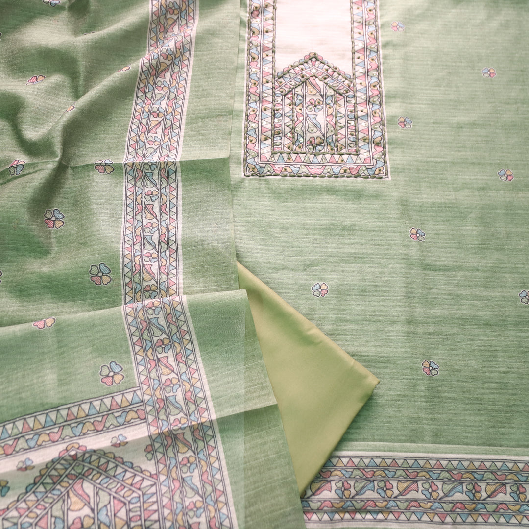 Ruaa Mint Green Madhubani Yoke With French Knot Tussar Chanderi Suit Set
