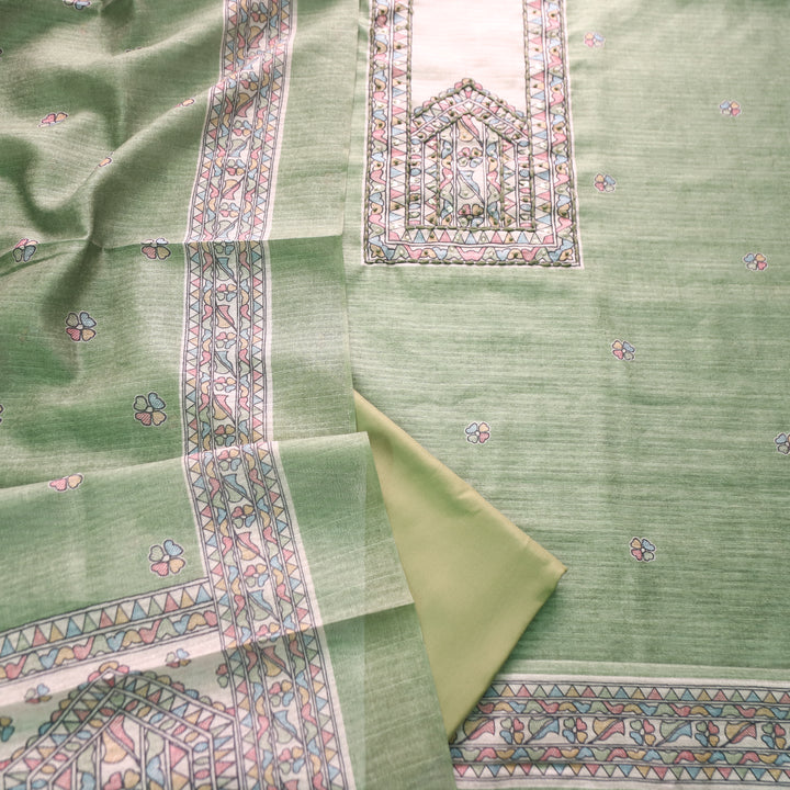 Ruaa Mint Green Madhubani Yoke With French Knot Tussar Chanderi Suit Set