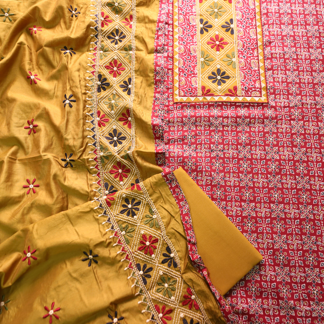 Naina Bride Red Embroidered Neck Yoke with Ajrak Print Cotton Set