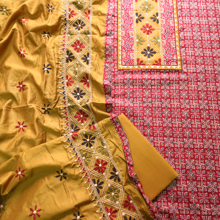 Naina Bride Red Embroidered Neck Yoke with Ajrak Print Cotton Set