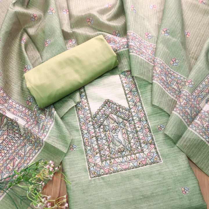 Ruaa Mint Green Madhubani Yoke With French Knot Tussar Chanderi Suit Set