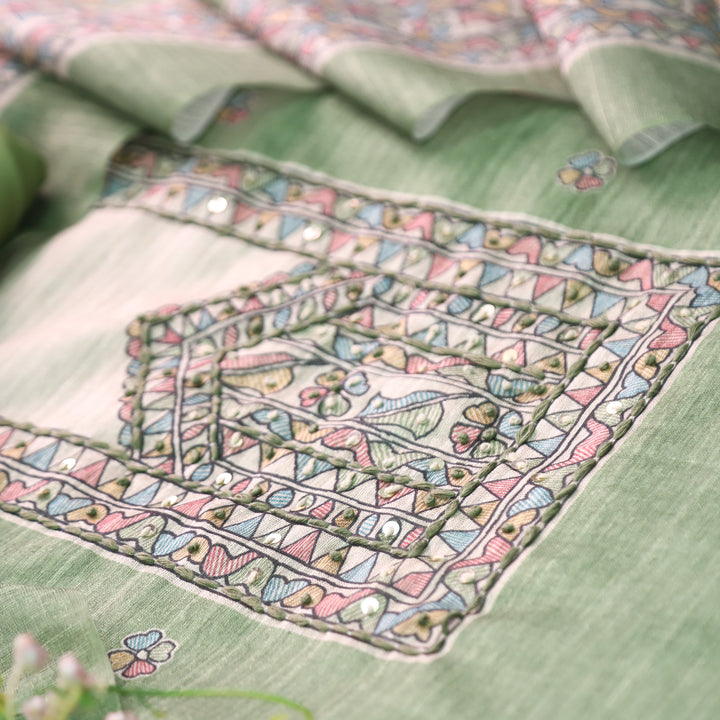 Ruaa Mint Green Madhubani Yoke With French Knot Tussar Chanderi Suit Set