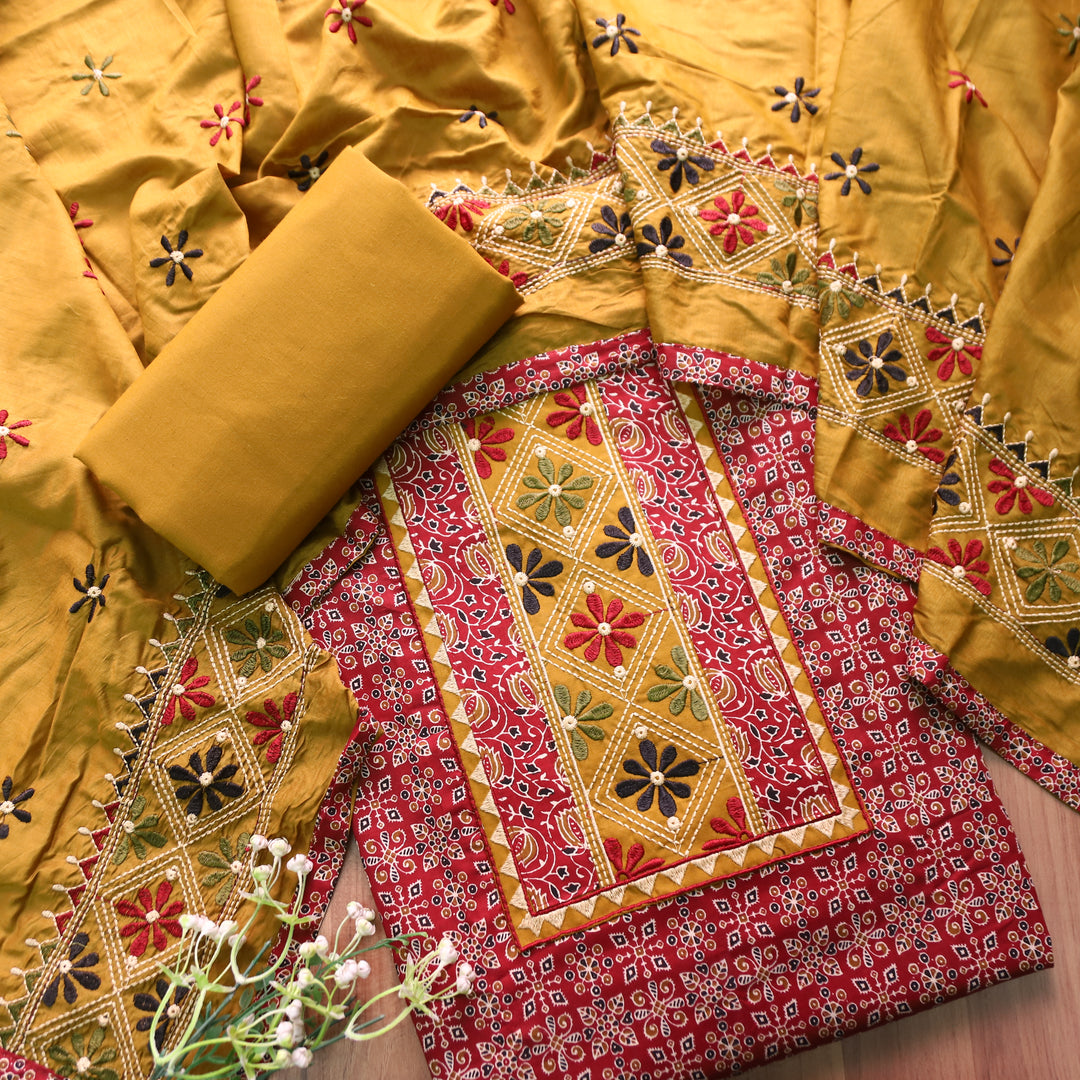 Naina Bride Red Embroidered Neck Yoke with Ajrak Print Cotton Set