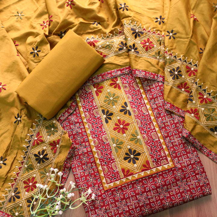 Naina Bride Red Embroidered Neck Yoke with Ajrak Print Cotton Set