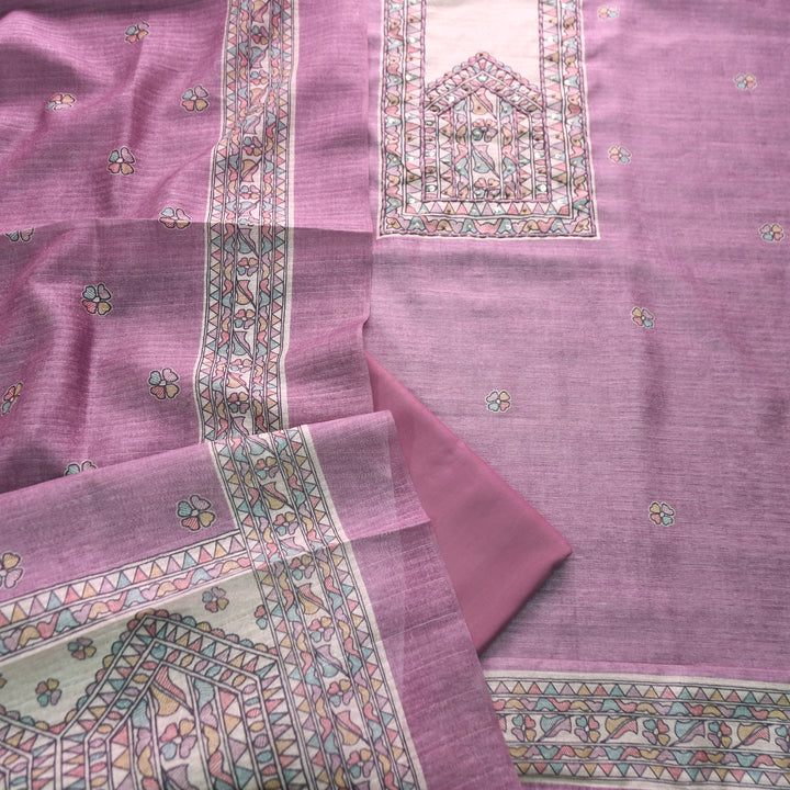 Ruaa Orchid Lilac Madhubani Yoke With French Knot Tussar Chanderi Suit Set