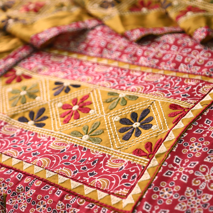 Naina Bride Red Embroidered Neck Yoke with Ajrak Print Cotton Set