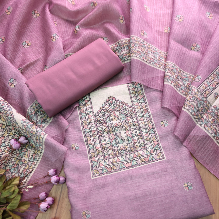 Ruaa Orchid Lilac Madhubani Yoke With French Knot Tussar Chanderi Suit Set