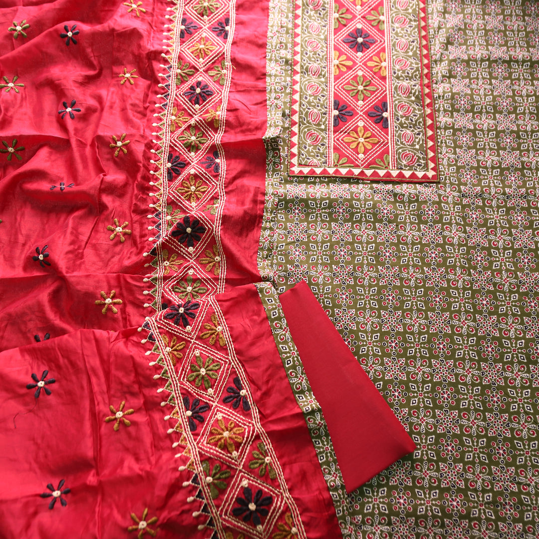 Naina Forest Green Embroidered Neck Yoke with Ajrak Print Cotton Set