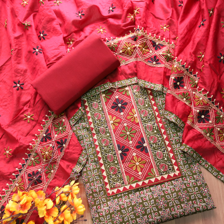 Naina Forest Green Embroidered Neck Yoke with Ajrak Print Cotton Set