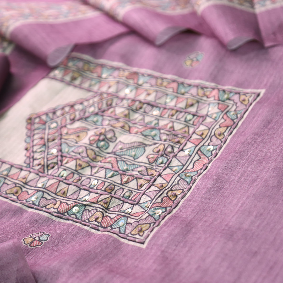 Ruaa Orchid Lilac Madhubani Yoke With French Knot Tussar Chanderi Suit Set