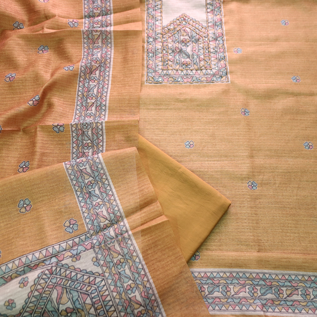 Ruaa Tangerine Rust Madhubani Yoke With French Knot Tussar Chanderi Suit Set