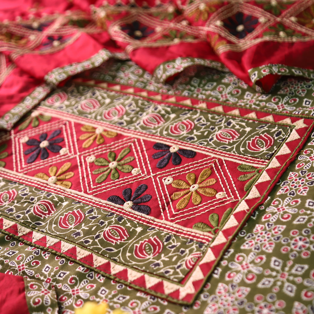 Naina Forest Green Embroidered Neck Yoke with Ajrak Print Cotton Set