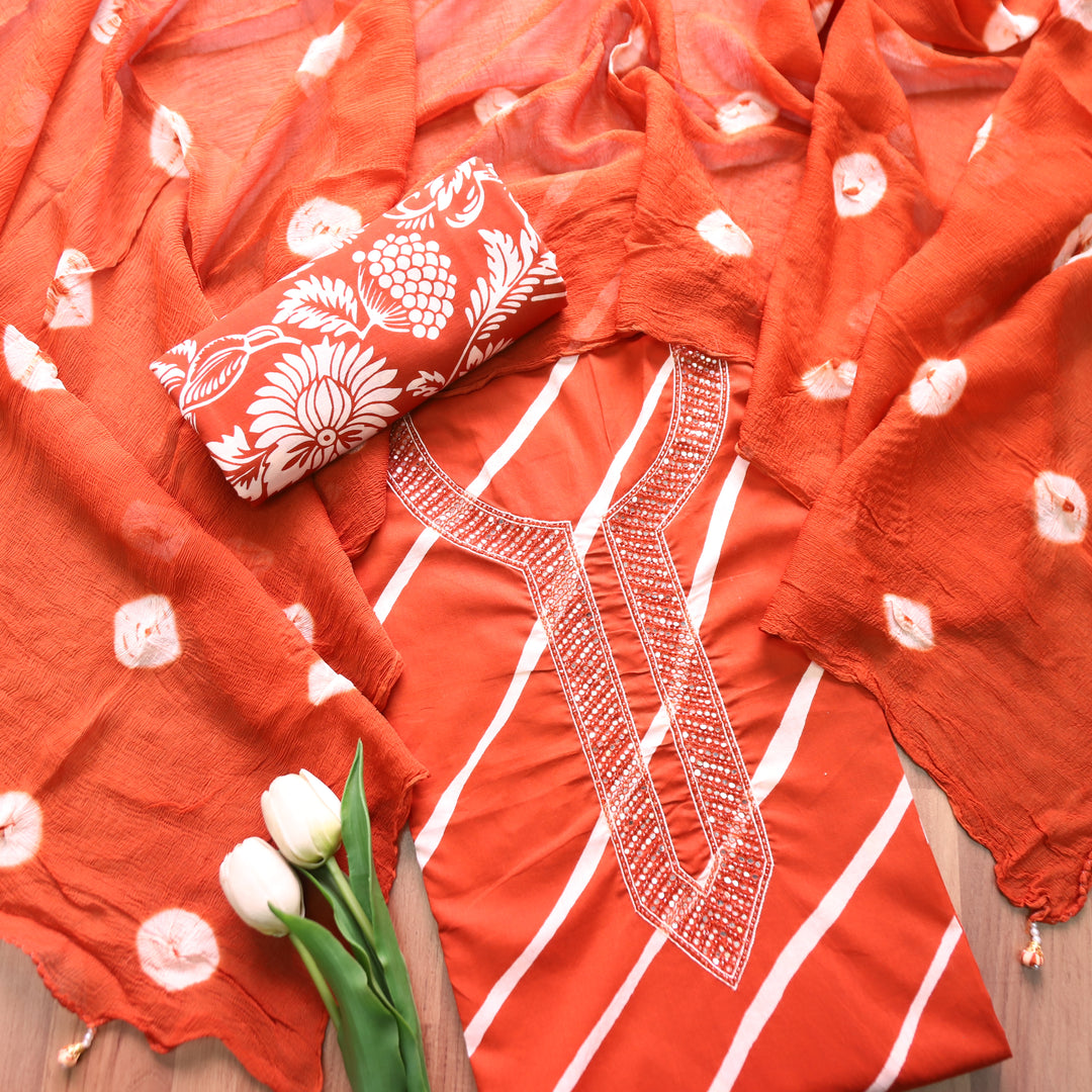 Bilori Rust Orange Embellish Neck with Leheriya Print Cotton Set