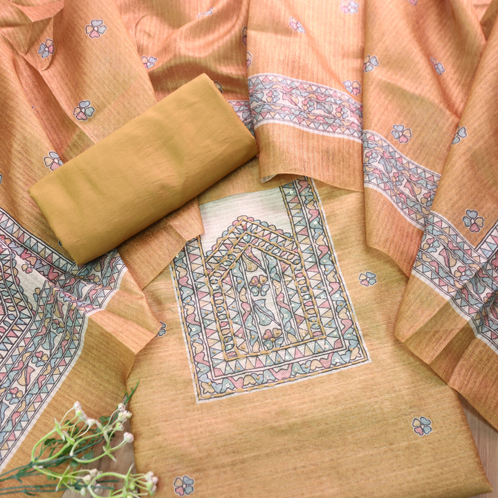 Ruaa Tangerine Rust Madhubani Yoke With French Knot Tussar Chanderi Suit Set