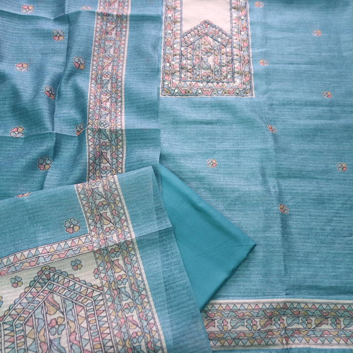 Ruaa Aqua Blue Madhubani Yoke With French Knot Tussar Chanderi Suit Set