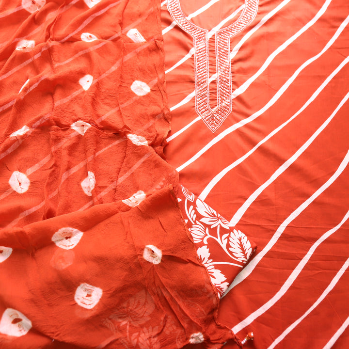 Bilori Rust Orange Embellish Neck with Leheriya Print Cotton Set