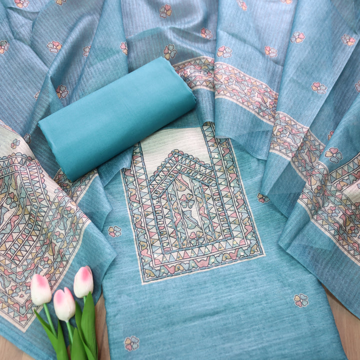Ruaa Aqua Blue Madhubani Yoke With French Knot Tussar Chanderi Suit Set