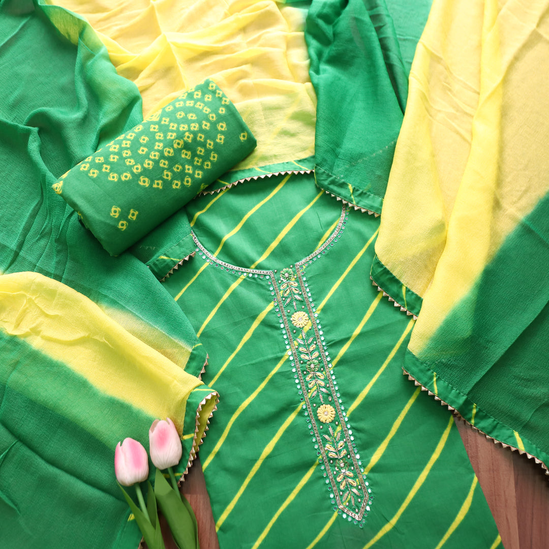 Mishti Leaf Green Leheriya Print with Embellish Neck Work Cotton Set