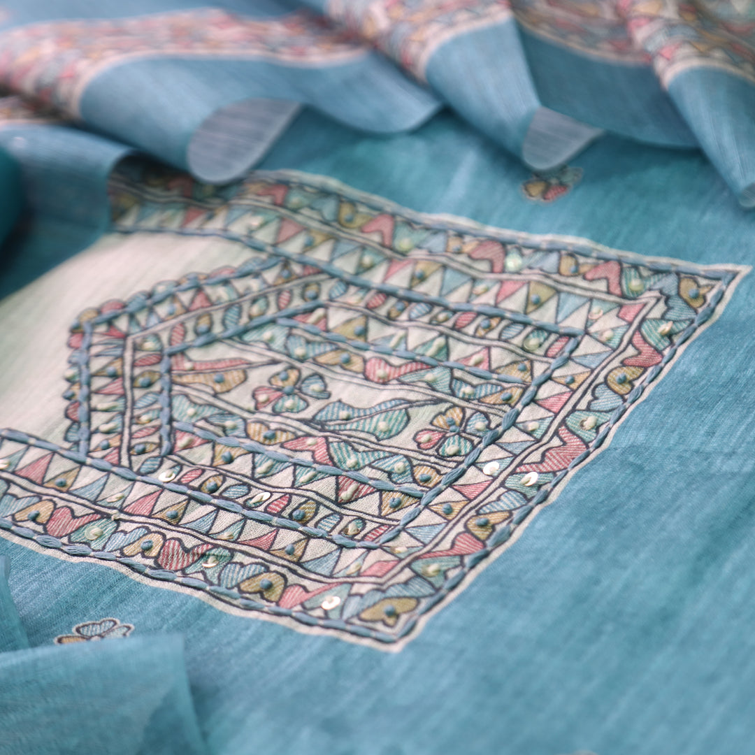 Ruaa Aqua Blue Madhubani Yoke With French Knot Tussar Chanderi Suit Set