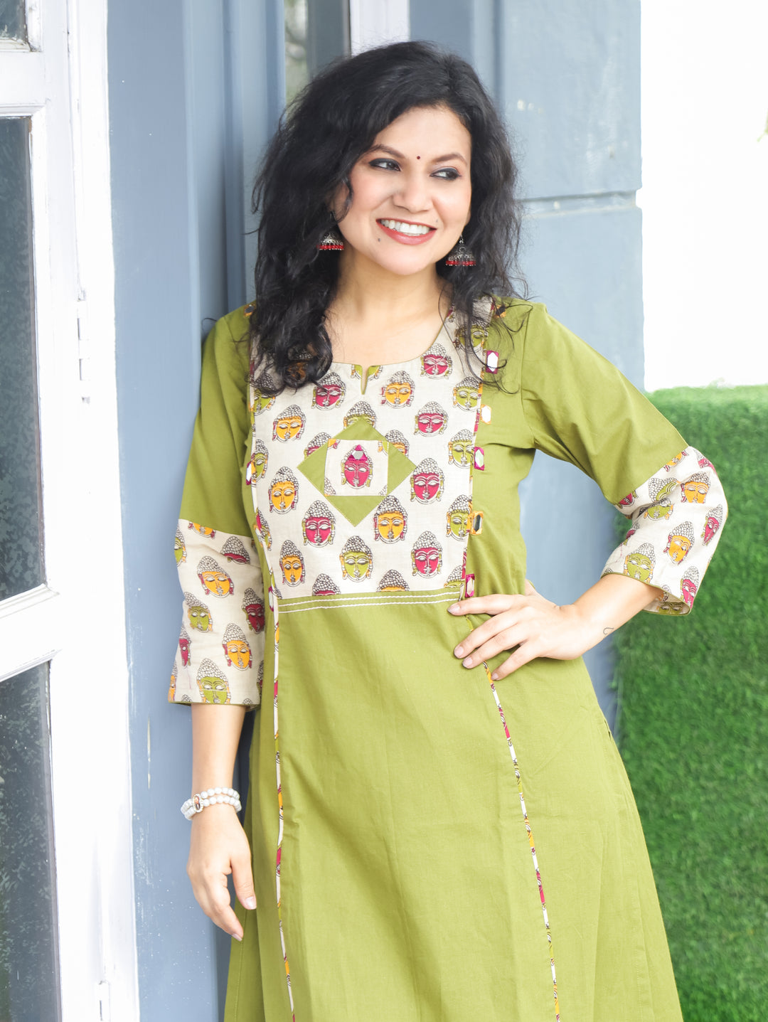 Lara Green Budda Yoke Panel Cotton Kurti