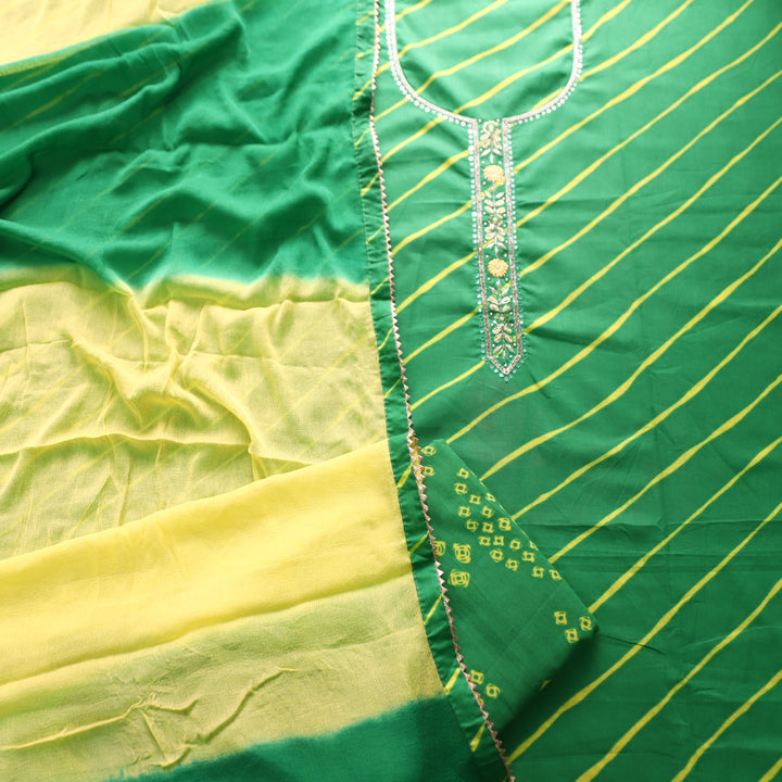 Mishti Leaf Green Leheriya Print with Embellish Neck Work Cotton Set