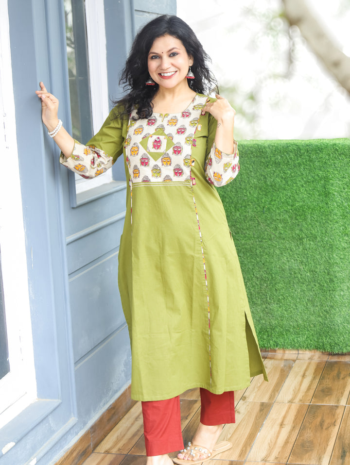 Lara Green Budda Yoke Panel Cotton Kurti