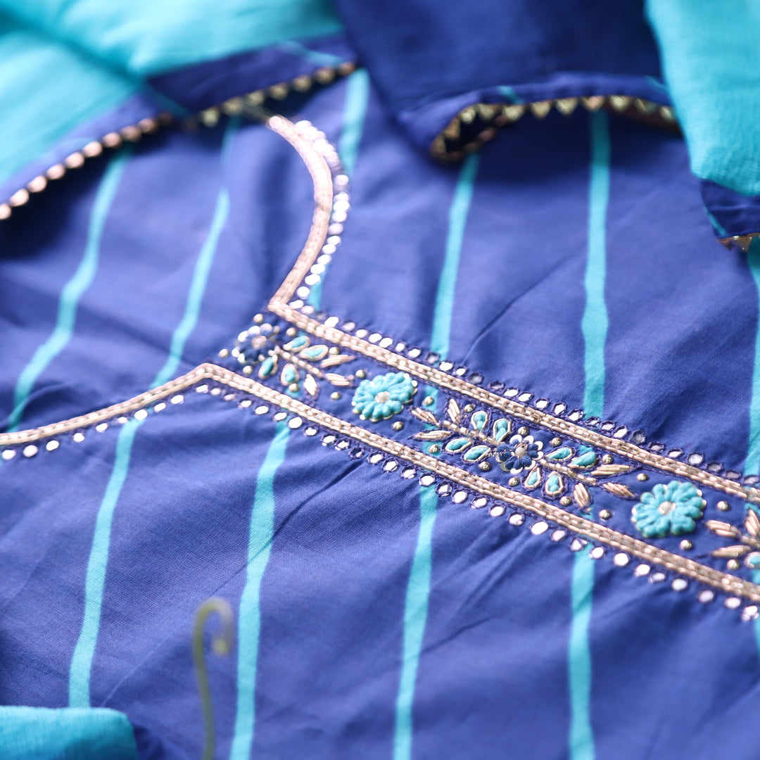 Mishti Royal Blue  Leheriya Print with Embellish Neck Work Cotton Set
