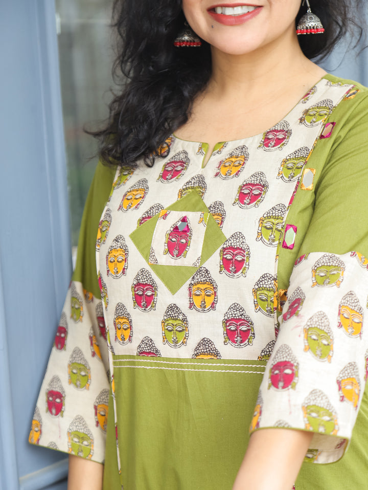 Lara Green Budda Yoke Panel Cotton Kurti