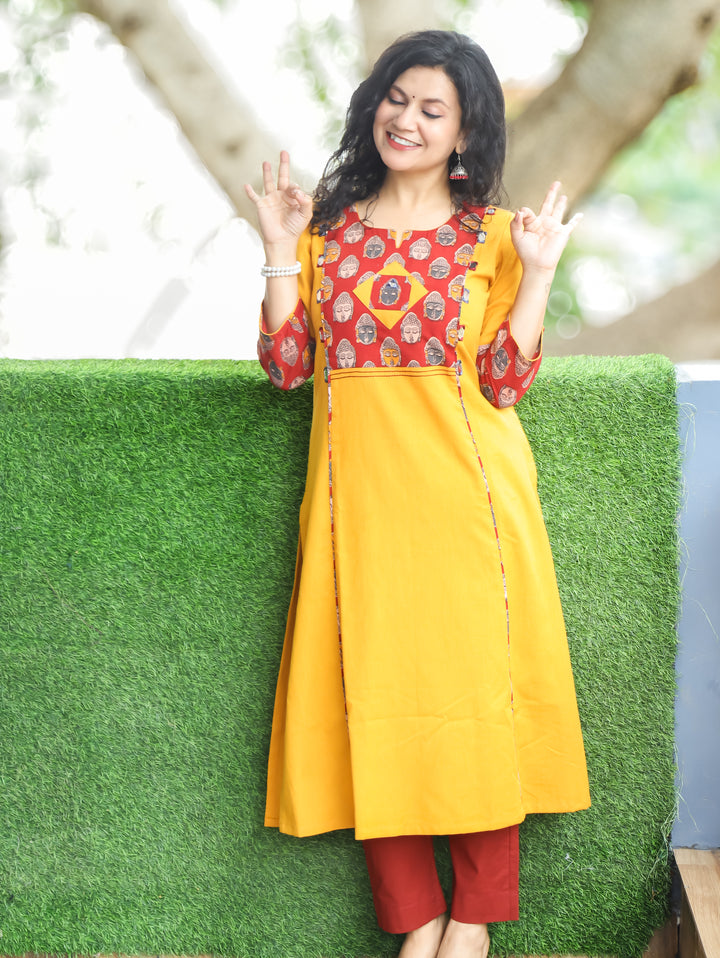 Lara Yellow Budda Yoke Panel Cotton Kurti