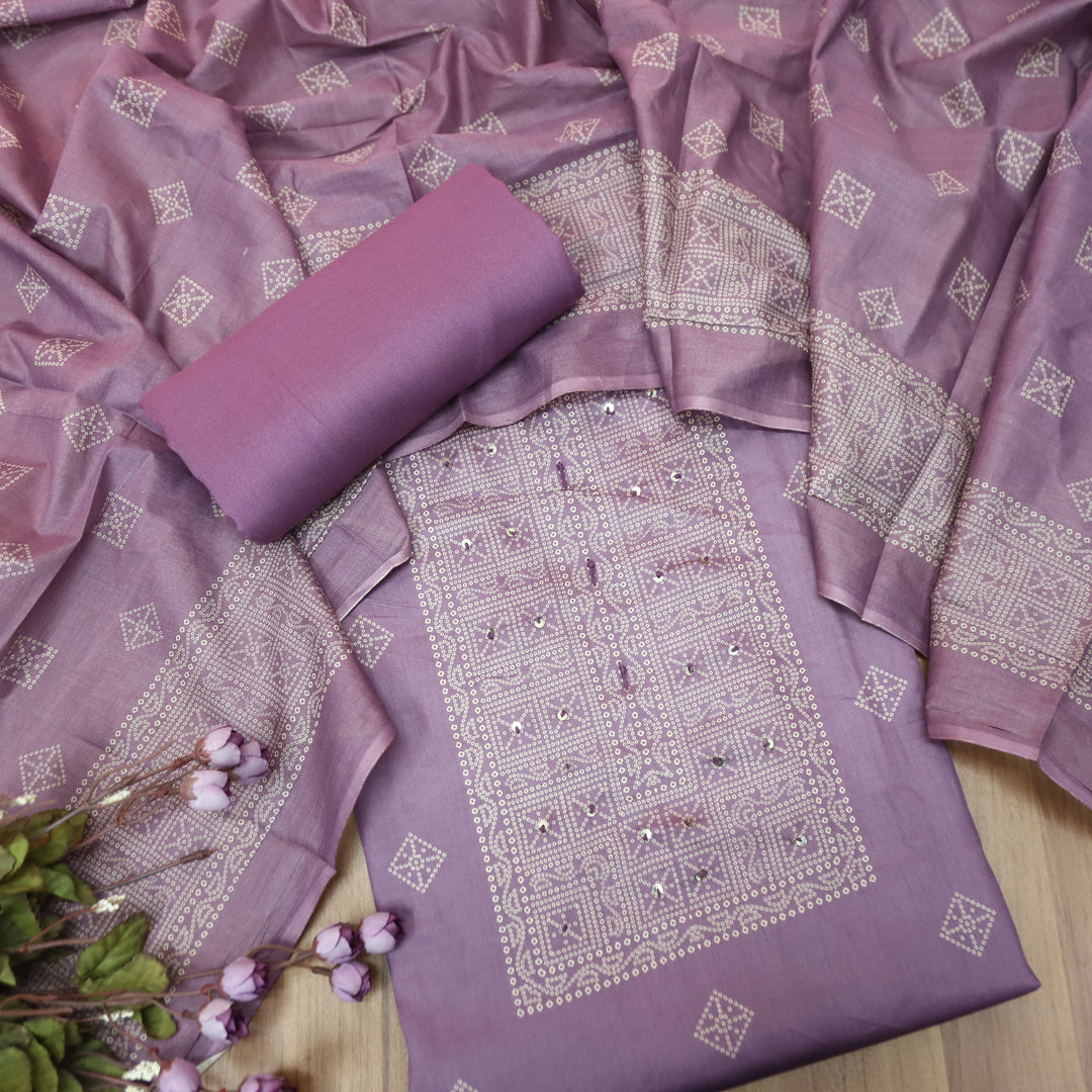 Riya Orchid Lavender Bandani Printed with Sequin Detailing Jam Cotton Set