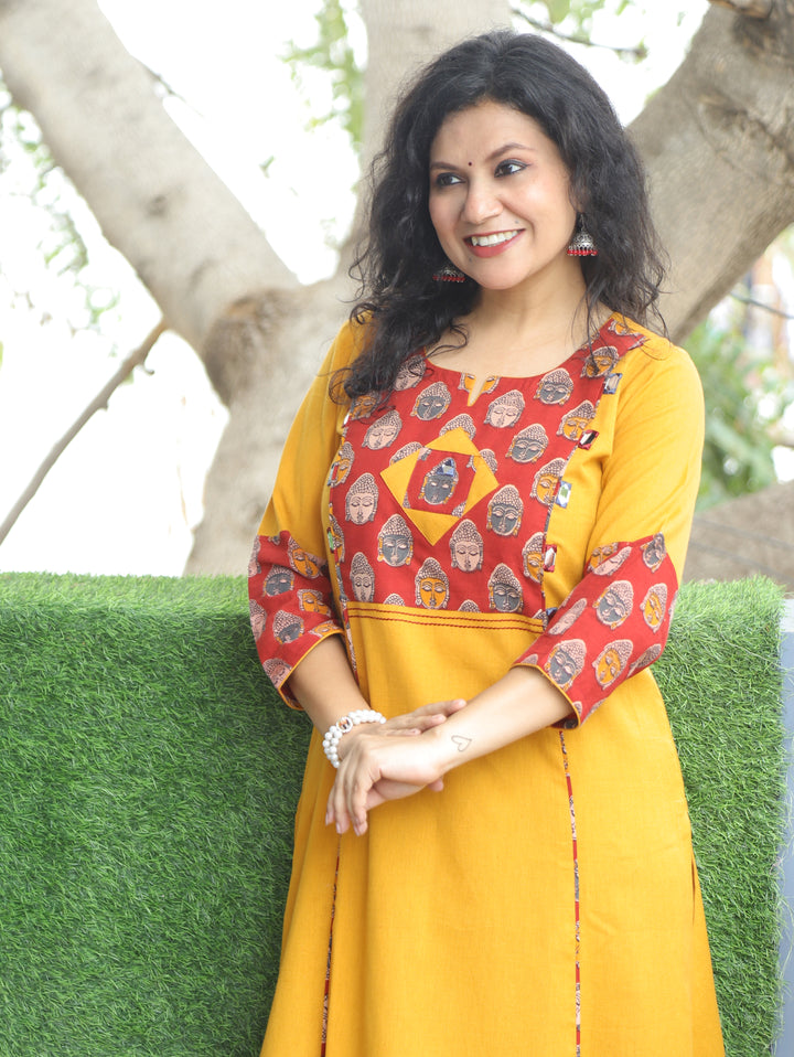Lara Yellow Budda Yoke Panel Cotton Kurti