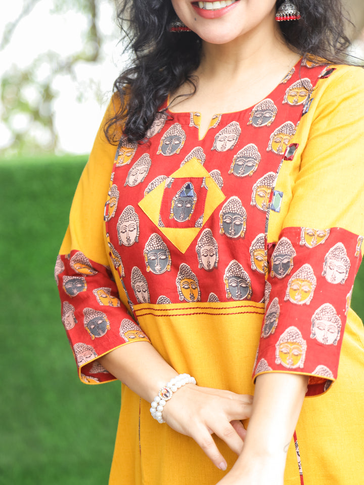 Lara Yellow Budda Yoke Panel Cotton Kurti