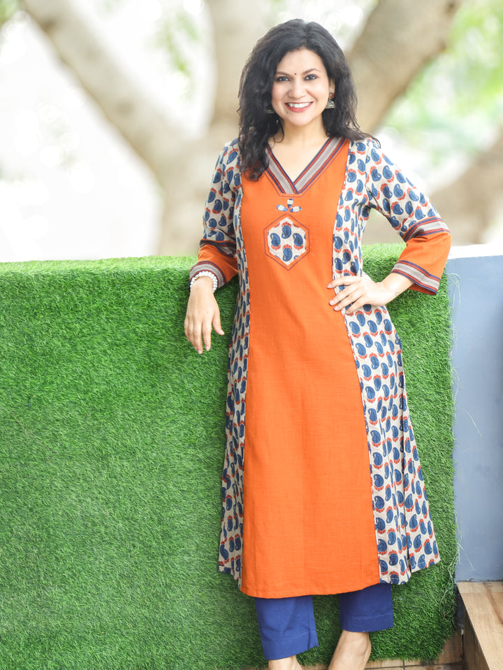 Adikriti Hazel Beige Panel Style Cotton Kurti