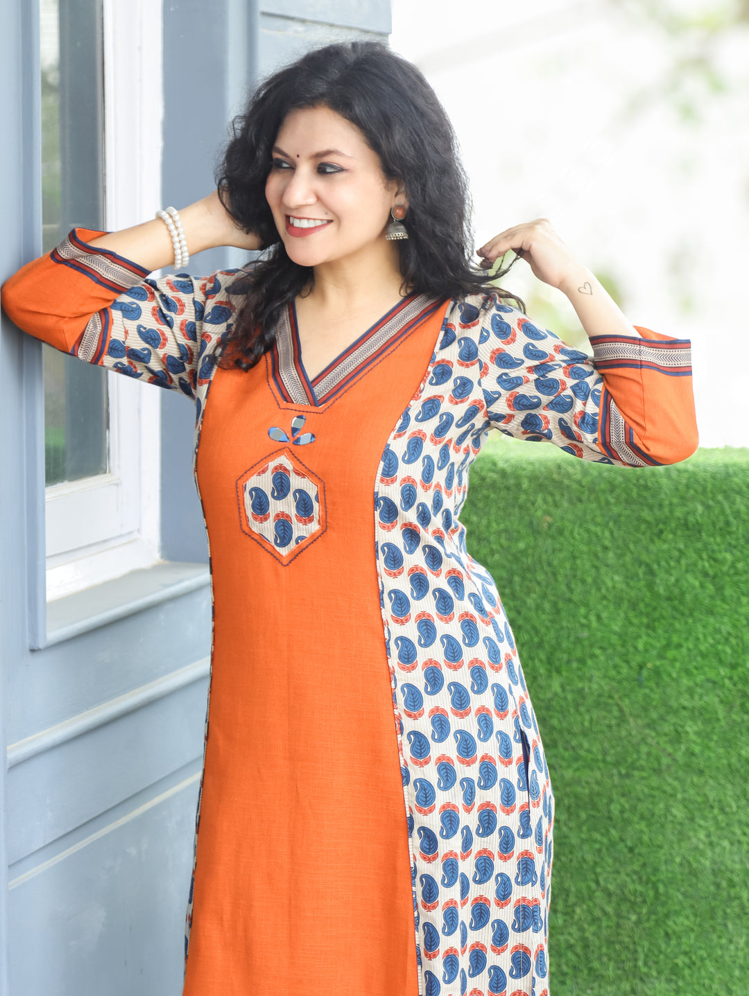 Adikriti Hazel Beige Panel Style Cotton Kurti