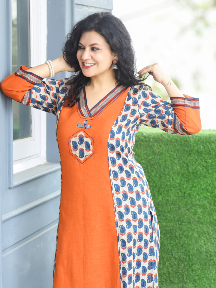 Adikriti Hazel Beige Panel Style Cotton Kurti