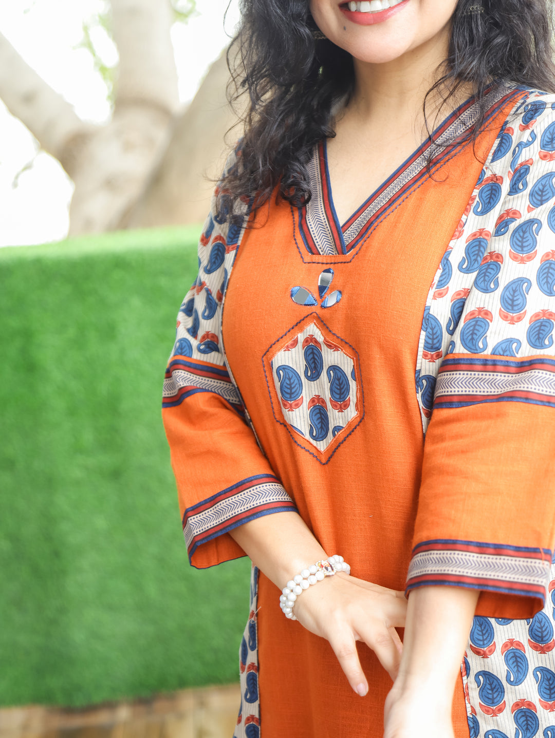 Adikriti Hazel Beige Panel Style Cotton Kurti