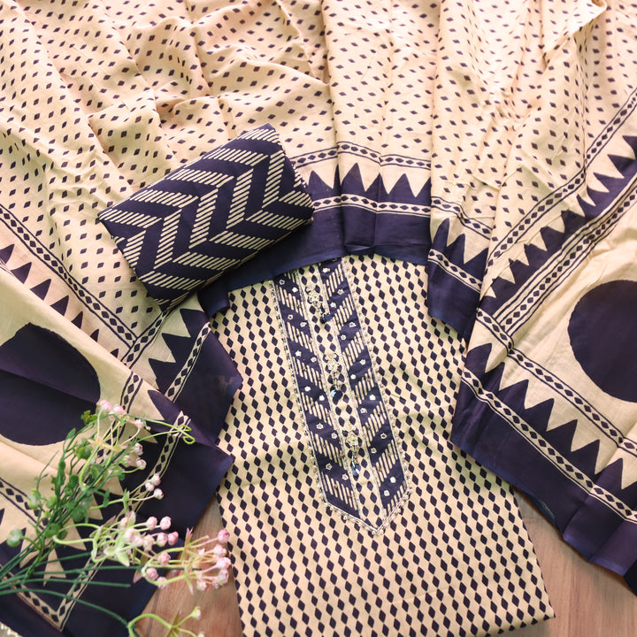Zyea Beige with Navy Blue and Patra Work Patch Printed Cotton Suit Set
