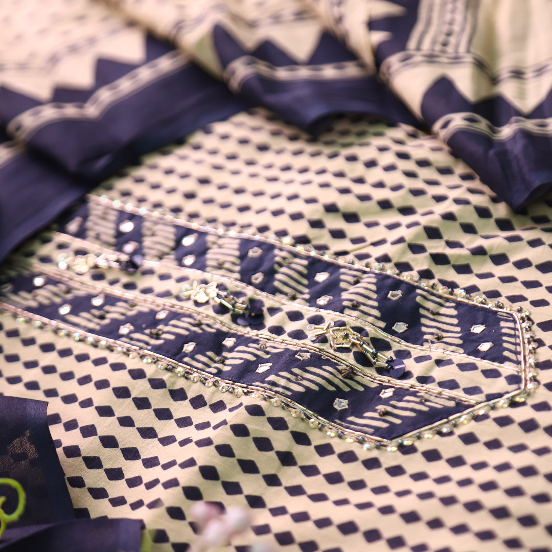 Zyea Beige with Navy Blue and Patra Work Patch Printed Cotton Suit Set