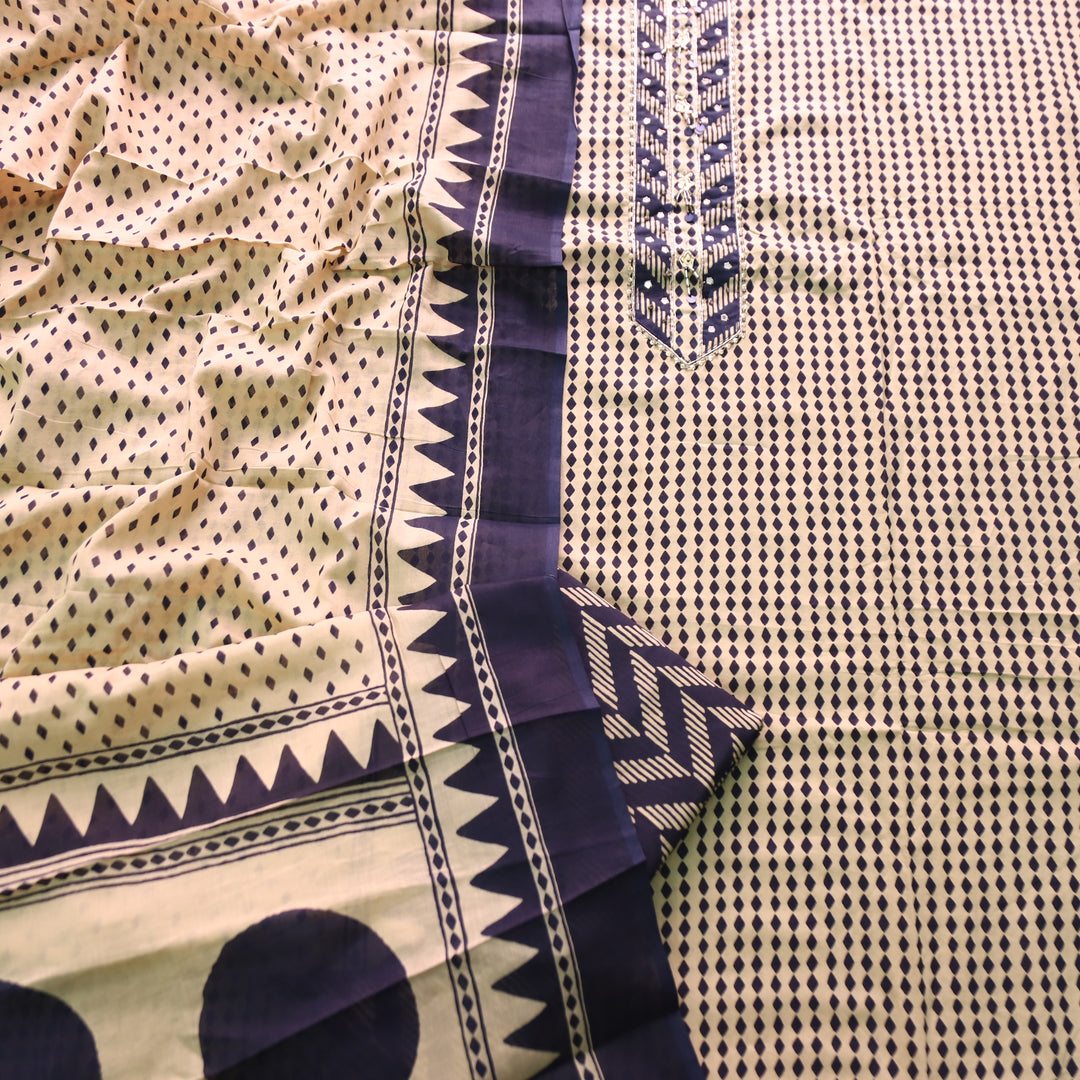 Zyea Beige with Navy Blue and Patra Work Patch Printed Cotton Suit Set