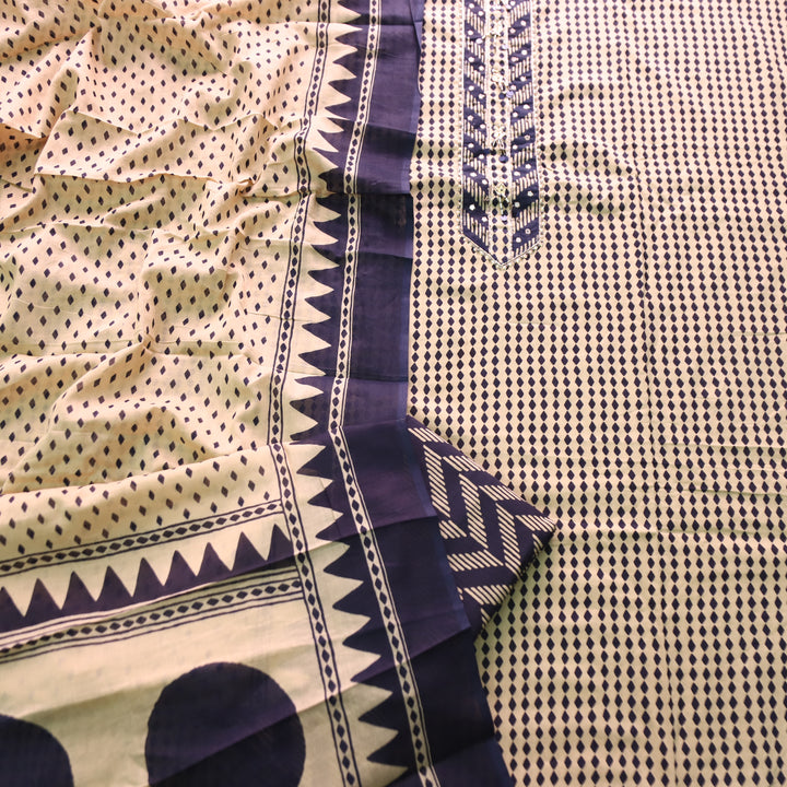 Zyea Beige with Navy Blue and Patra Work Patch Printed Cotton Suit Set