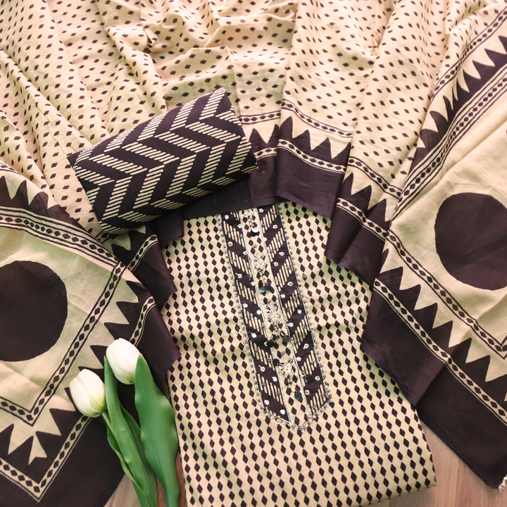 Zyea Beige with Black and Patra Work Patch Printed Cotton Suit Set