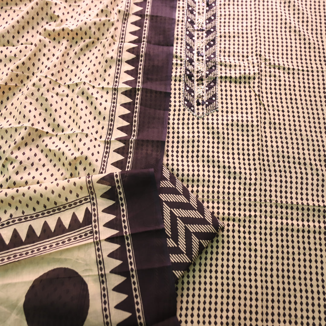 Zyea Beige with Black and Patra Work Patch Printed Cotton Suit Set