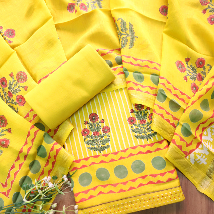 Kinari Corn Yellow Block Print and Stripe Print Mul Chanderi Set