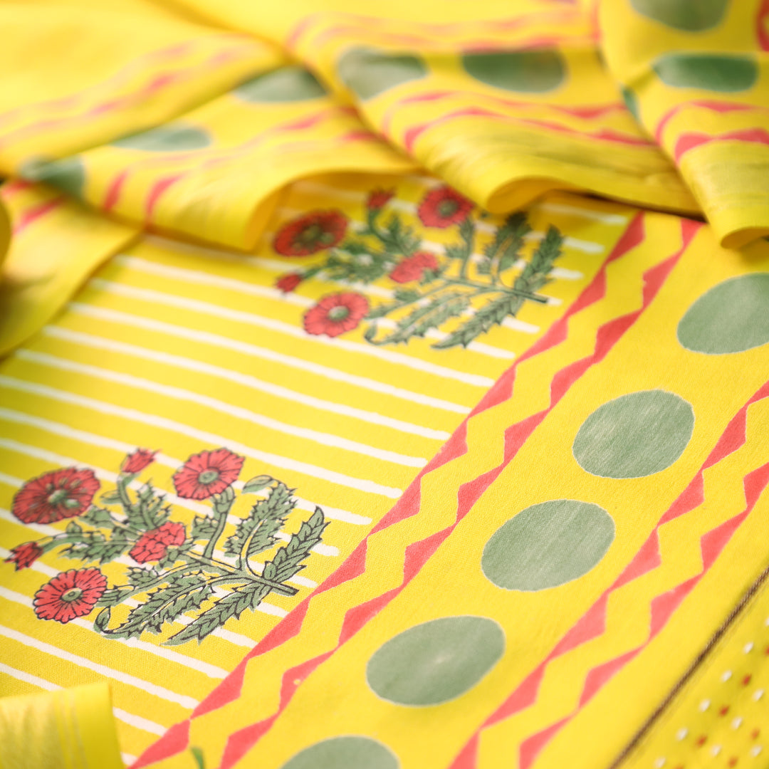 Kinari Corn Yellow Block Print and Stripe Print Mul Chanderi Set