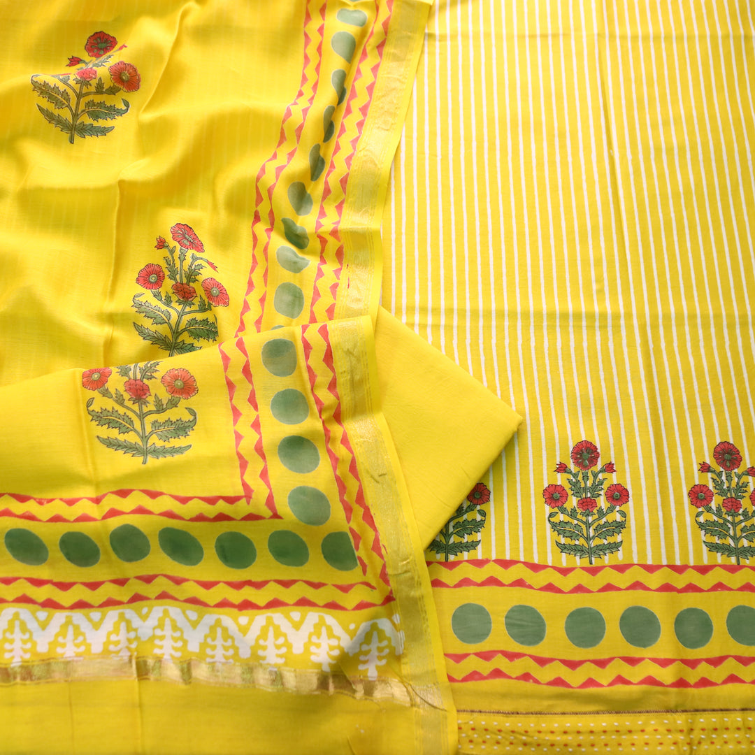 Kinari Corn Yellow Block Print and Stripe Print Mul Chanderi Set
