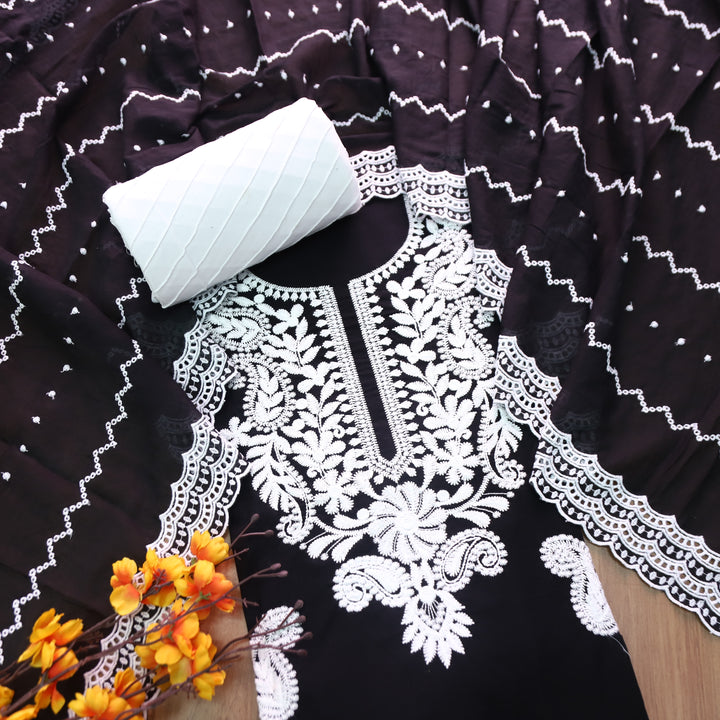 Apurva Oil Black Chikankari inspired Thread Neck Work Cotton Suit Set