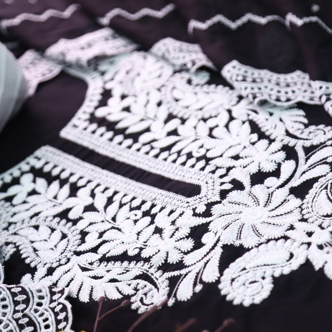 Apurva Oil Black Chikankari inspired Thread Neck Work Cotton Suit Set